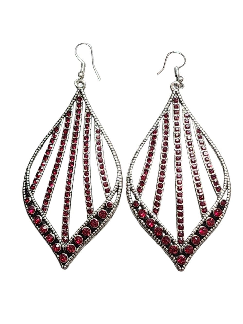 Red Crystal Silvertone Dangle Earrings